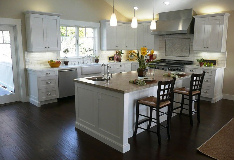 White Kitchen Cabinets with Dark Wood Floors