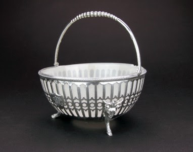 ANTIQUE 19thC VICTORIAN SOLID SILVER & GLASS SUGAR BASKET BOWL, BIRMINGHAM c1871