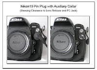 PJ1021: Nikon 10 Pin Plug with Auxiliary Collar - Showing Clerance to Lens Release and PC Jack