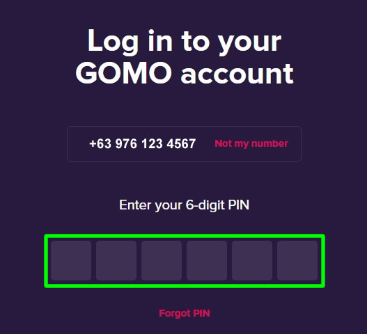 enter gomo 6 digit pin pc browser
