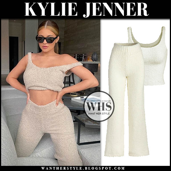 Kylie Jenner in cream knit crop top and cream knit pants
