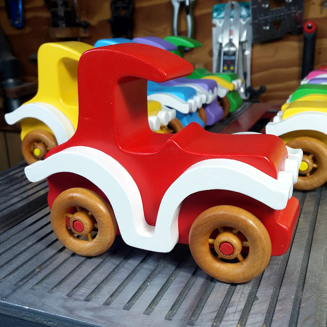 Wood Toy Car, Classic Model-T Sedan, Finished in Bright Red, White, & Amber Shellac, Bad Bob's Custom Motors