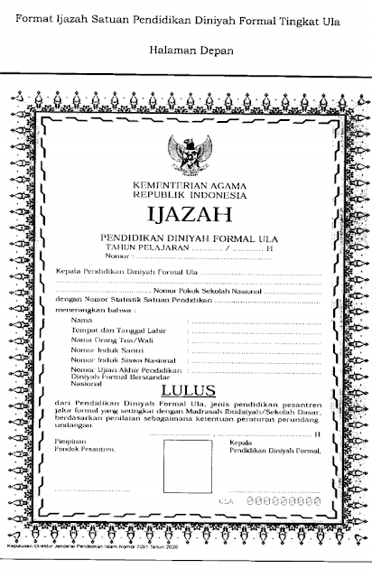 Contoh blangko atau Format Ijazah Satuan Pendidikan Muadalah dan Satuan Pendidikan Diniyah Formal