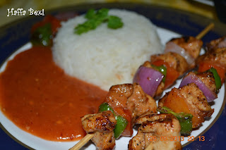 Chicken shashlik| Sauce| Rice| Boiled rice| Spicy| Snacks| Meal| Capsicum| Onion| Tomato| Shashlik sticks