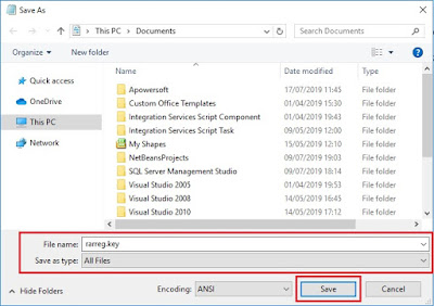 Pada Opsi Save As Type ganti menjadi All files. Kemudian beri nama rarreg.key lalu klik Save.