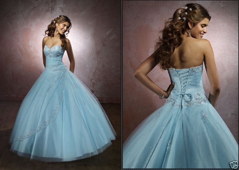 Big Blue  Wedding  Dresses  Design With Ribbon  and Pearl 