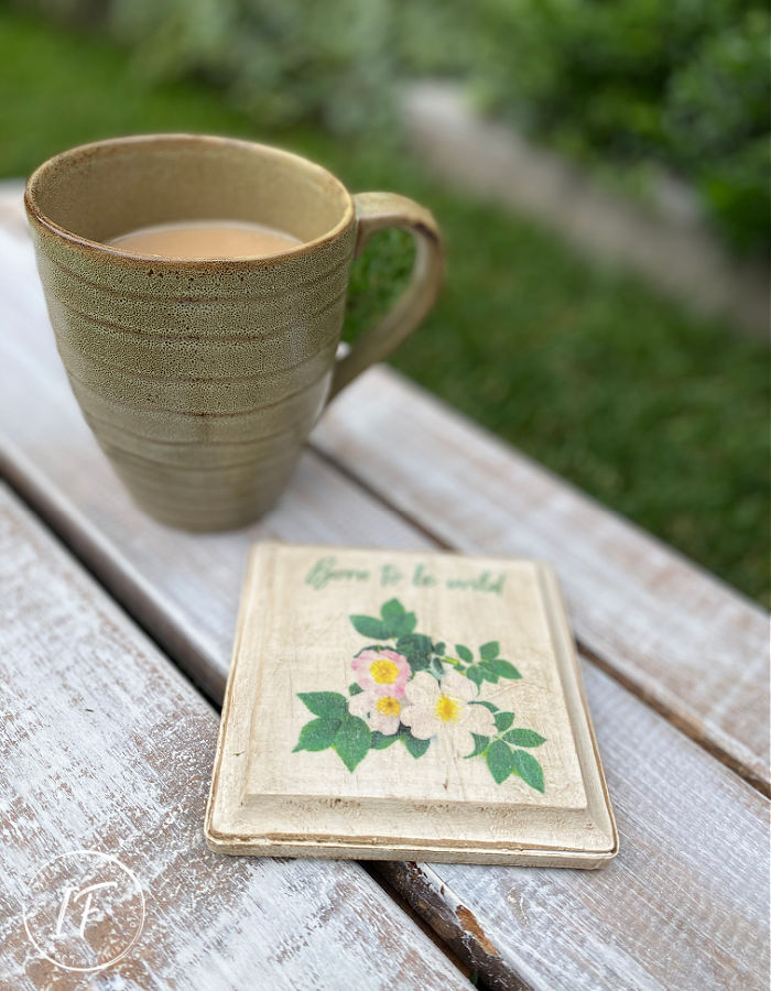 A DIY Wild Rose Decoupage Napkin Wood Coaster with vintage-style by Interior Frugalista. Plus easy to follow step-by-step tutorials on How To Print On Tissue Paper AND How To Decoupage Napkins On Wood. A fun and easy Mod Podge craft idea!