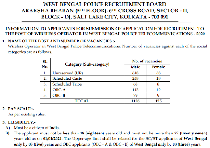 West Bengal Police Wireless Operator Recruitment 2021 : WB Police 1325 Wireless Operator Wireless Supervisor (Technical) Gr-II online form