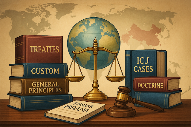Ilustrasi sumber hukum internasional: globe, timbangan keadilan, dan tumpukan buku bertuliskan Treaties, Custom, General Principles, ICJ Cases, dan Doctrine