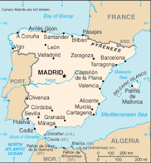 Map of Madrid, Cartagena, Granada, Malaga, Murcia, Alicante, Valencia, Barcelona, Bilbao, Aviles, Vigo, Leon, Olivenza, Cordoba, Sevilla, Cadiz, Spain