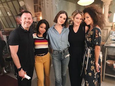 "Good Trouble" spinoff "The Fosters" cast Maia Mitchell (Callie), Cierra Ramirez (Mariana), Teri Polo (Stef), Sherri Saum (Lena) bts filming