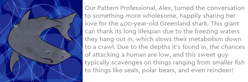 Our Pattern Professional, Alex, turned the conversation to something more wholesome, happily sharing her love for the 400-year-old Greenland shark. This giant can thank its long lifespan due to the freezing waters they hang out in, which slows their metabolism down to a crawl. Due to the depths it's found in, the chances of attacking a human are low, and this sweet guy typically scavenges on things ranging from smaller fish to things like seals, polar bears, and even reindeer!