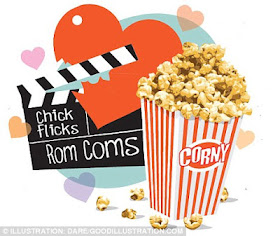Romantic comedy graphic with corny popcorn and big love heart 