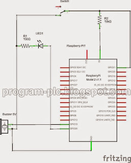 Wiring of Raspberry Pi, Push Button, LED, Resistor and Buzzer