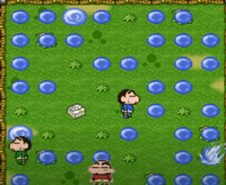 Shows like round blue drops like with three animation boys wearing blue and green and red and yellow clothing in grass field area with box behind the blue guy and also water moving fast effect on the right corner of the area