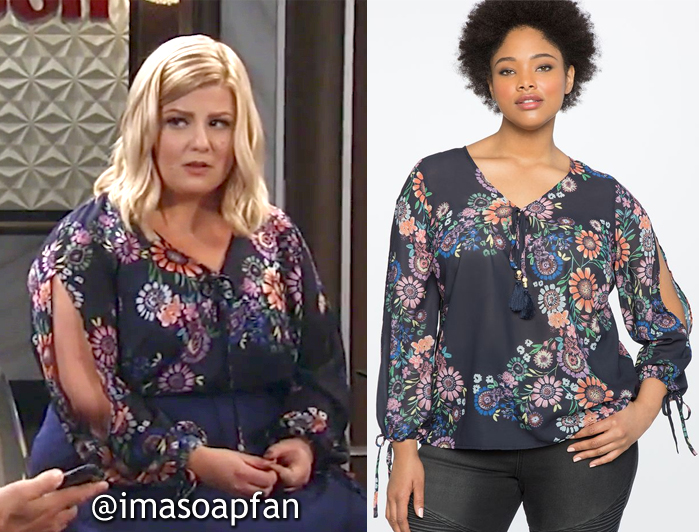 Amy Driscoll, Risa Dorken, Navy Blue Floral Top with Split Sleeves, ELOQUII, GH, General Hospital