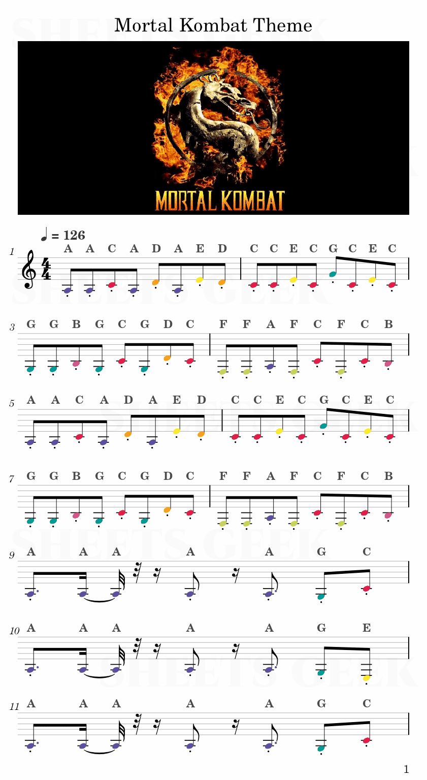 Mortal Kombat Theme Easy Sheet Music Free for piano, keyboard, flute, violin, sax, cello page 1
