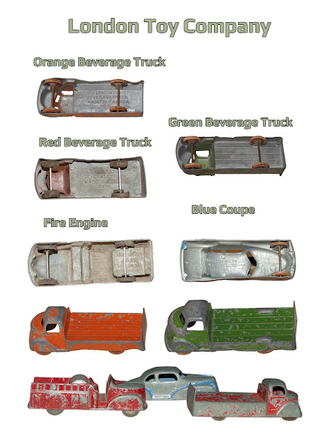 Small metal trucks and cars from the London Toy Company of London, Ontario.