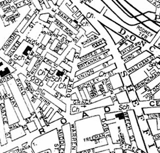 Map snip, black and white, street map style, showing closely packed roads between Sheffield Road and Park Road, Barnsley.