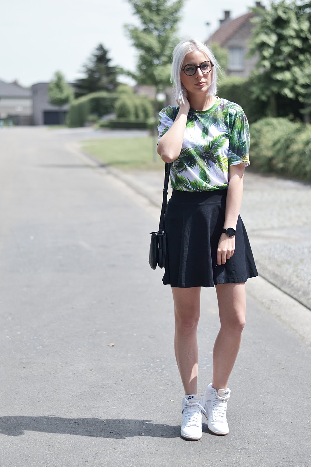 Palm trees, mr gugu & miss go, all over t-shirt, skater skirt, nike dunk sky hi, liu jo trio bag, belgian fashion blogger, belgische mode blogger