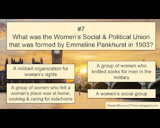 What was the Women’s Social & Political Union that was formed by Emmeline Pankhurst in 1903? Answer choices include: A militant organization for women’s rights, A group of women who knitted socks for men in the military, A group of women who felt a woman’s place was at home, cooking & caring for kids/home, A women's social group