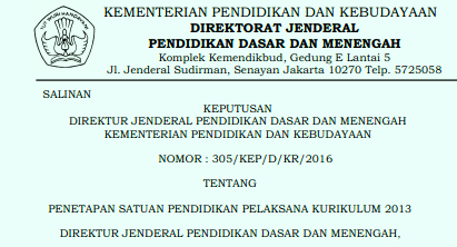 SK DIRJEN DIKDASMEN DAN SK KEPALA BALITBANG TENTANG SEKOLAH PELAKSANA KURIKULUM 2018 TERBARU