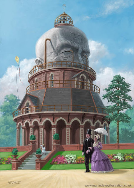 surreal giant head victorian building art