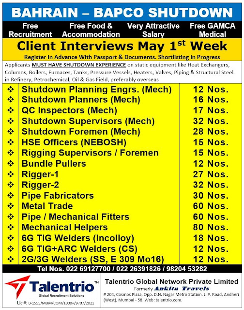 BAPCO shutdown jobs in Bahrain