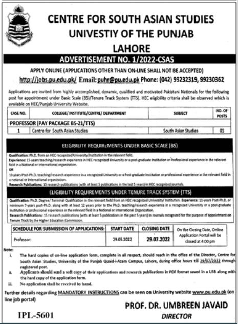 Latest University of Punjab UOP Education Posts Lahore 2022