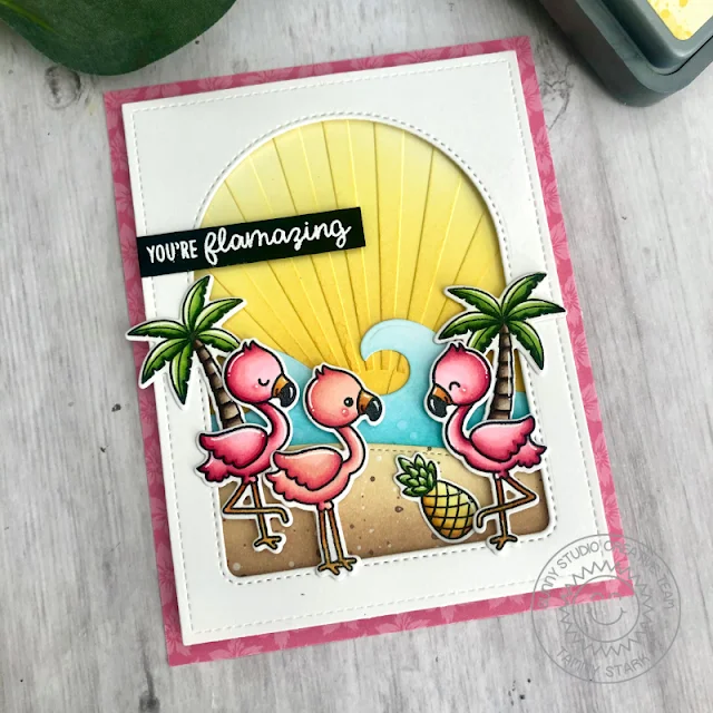 Sunny Studio Stamps: Embossing Folders Fabulous Flamingos Stitched Arch Dies Card by Tammy Stark