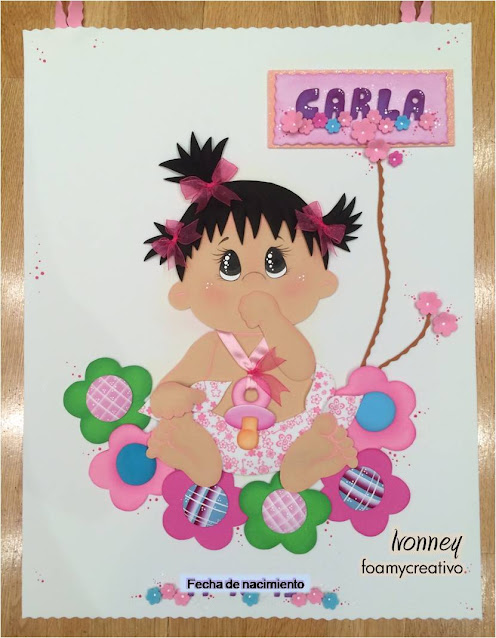 Cartel bebe niña con flores en foamy, ivonney