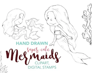 mermaids digital stamps sketchy line