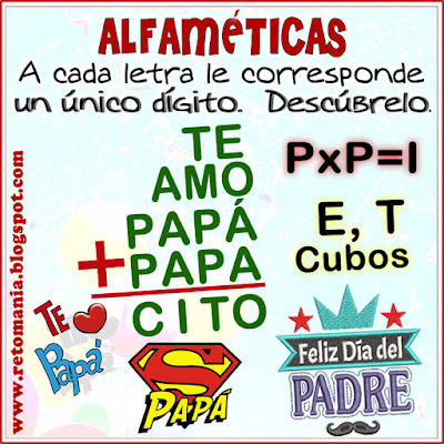 Alfamética, Criptoaritmética, Criptosuma, Criptograma, Suma de letras, Suma de palabras, Lógica de letras, Desafíos matemáticos, Retos matemáticos, Problemas matemáticos, Problemas de matemáticas, Acertijos, Acertijos matemáticos, Acertijos con Solución, Día del Padre y matemáticas, alphametic, matemáticas, matematik