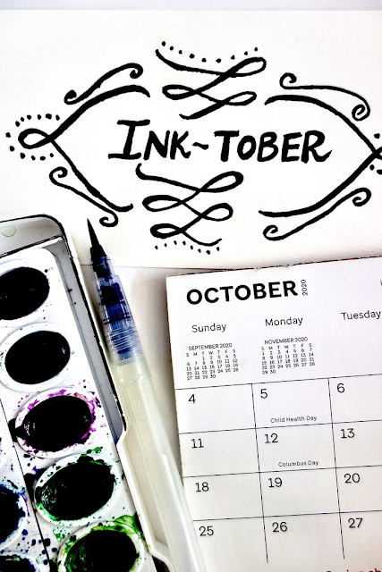 Inktober, Inktober2020, watercolor, calligraphy, hand lettering, brush lettering, watercolor, water brush, watercolor paper, handmade, crafts, blah to TADA, make art everyday, October, calendar