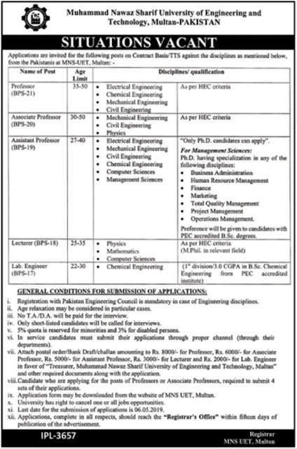 MNS UET Multan Jobs 2019 | Muhammad Nawaz Sharif University of Engineering and Technology