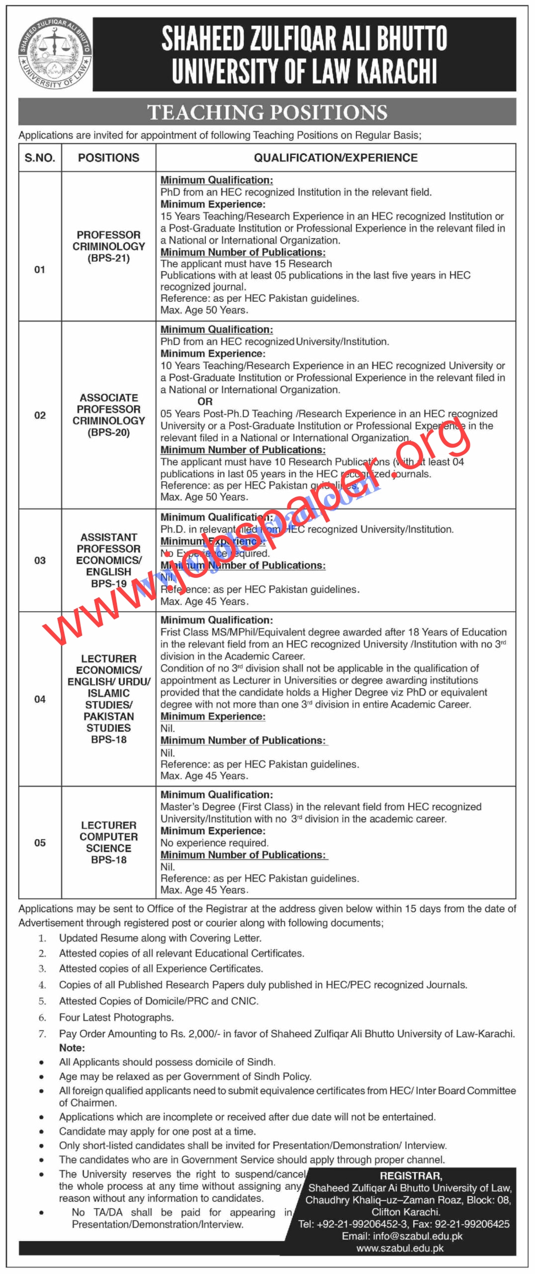 Jobs at the Shaheed Zulfiqar Ali Bhutto University of Law in Karachi will be available in 2022.