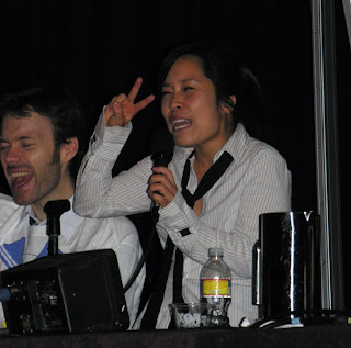 Stephanie Sheh (right, voice of Mikuru) and Mike Sinterniklaas (left) get the audience amped up about Bandai's upcoming release of The Disappearance of Haruhi Suzumiya.