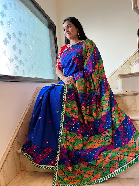 Rich blue hand embroidered phulkari saree