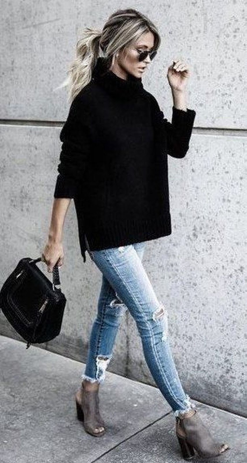 stylish look | black oversized sweater + ripped jeans + bag + heels