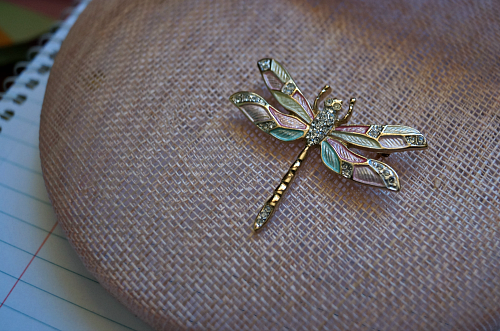 Dragonfly brooch with pink and blue-green