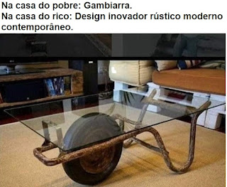 Foto. Em uma sala, sobre um tapete de sisal, uma mesinha de centro com tampo de vidro retangular. A estrutura de apoio do tampo é composta pelo que foi um dia um carrinho de mão, porém, restaram as barras de ferro enferrujadas e o pequeno pneu careca com aro tomado por ferrugem. Ao redor, estofados e um deck com a TV e outros aparelhos.  No topo lê-se: Na casa do pobre: Gambiarra.  Na casa do rico: Design inovador rústico moderno contemporâneo.