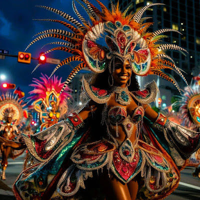 Colorful female junkanoo dancer in costume dancing on street at night