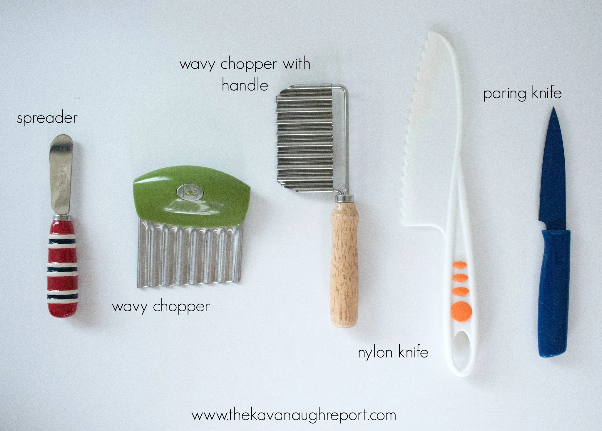 A progression of knives for a Montessori toddler. Using knives is a great and practical way for a toddler to get involved in the kitchen.