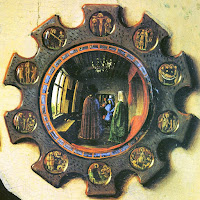 Jan van Eyck's the Arnolfini Portrait's convex mirror decorated with the ornaments of scenes from the Passion of Christ