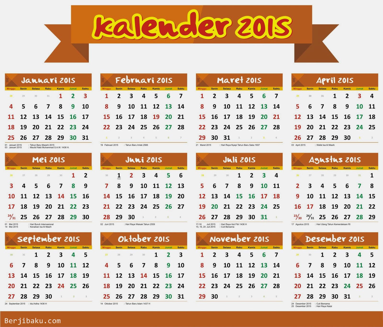 Kalender 2015, cuti bersama dan hari libur nasional 