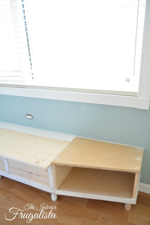 Built-in window seat cubby in master bedroom.