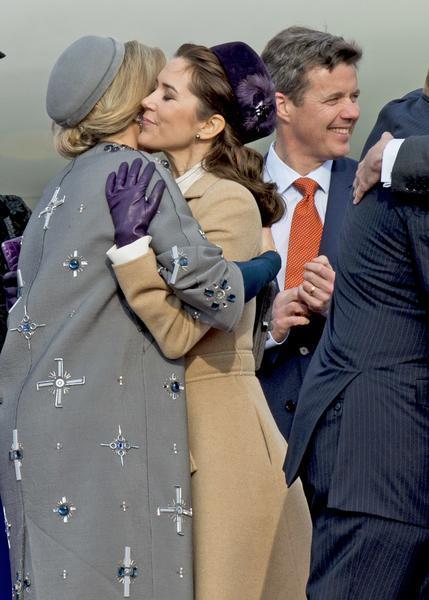 Danish Crown Prince Frederik, Danish Crown Princess Mary, Danish and Prince Consort Henrik, Danish Princess Benedikte, Danish Prince Joachim, Danish Princess Marie and Danish Queen Margrethe welcome Dutch King Willem-Alexander and Dutch Queen Maxima