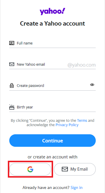 Create Yahoo mail with Google Account