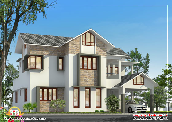 Beautiful sloping roof home design - 2675 Sq. Ft. (249 Sq. Ft.) (297 Square Yards) - March 2012