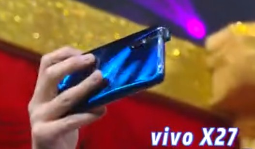 A Chinese TV show with a pop-up camera is shown in the Vivo X27 Topaz Blue Paint